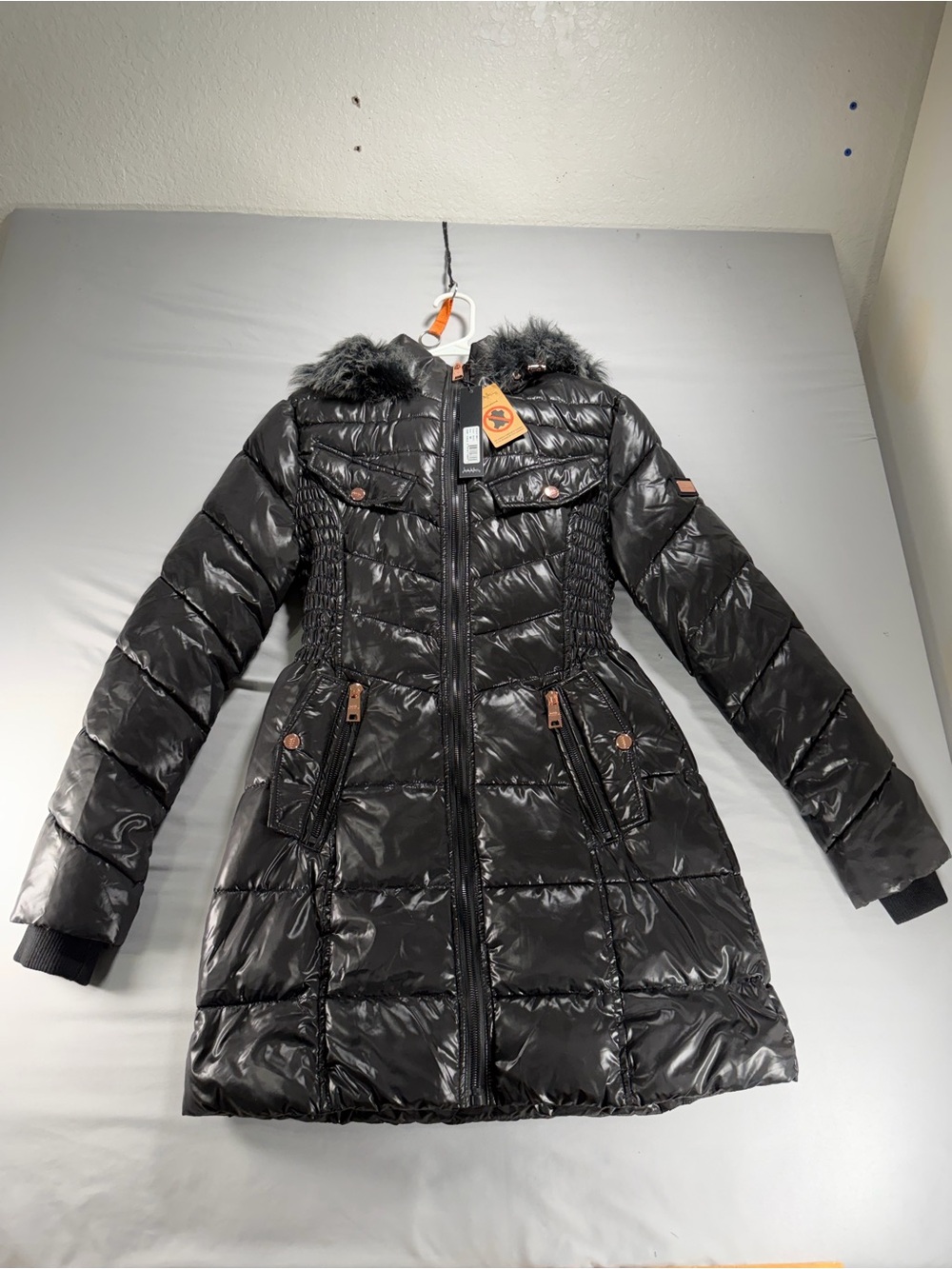 NWT Nicole Miller Shiny Black Hooded Puffer Coat Jacket Medium Fur Trim Slimming